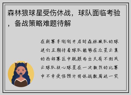 森林狼球星受伤休战，球队面临考验，备战策略难题待解