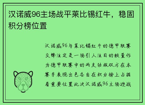 汉诺威96主场战平莱比锡红牛，稳固积分榜位置