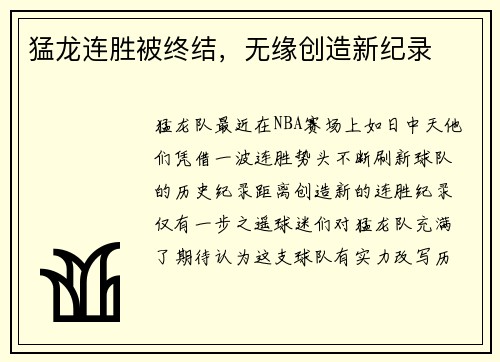 猛龙连胜被终结，无缘创造新纪录